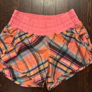 Women’s Plaid Athletic Shorts with Coral Waistband